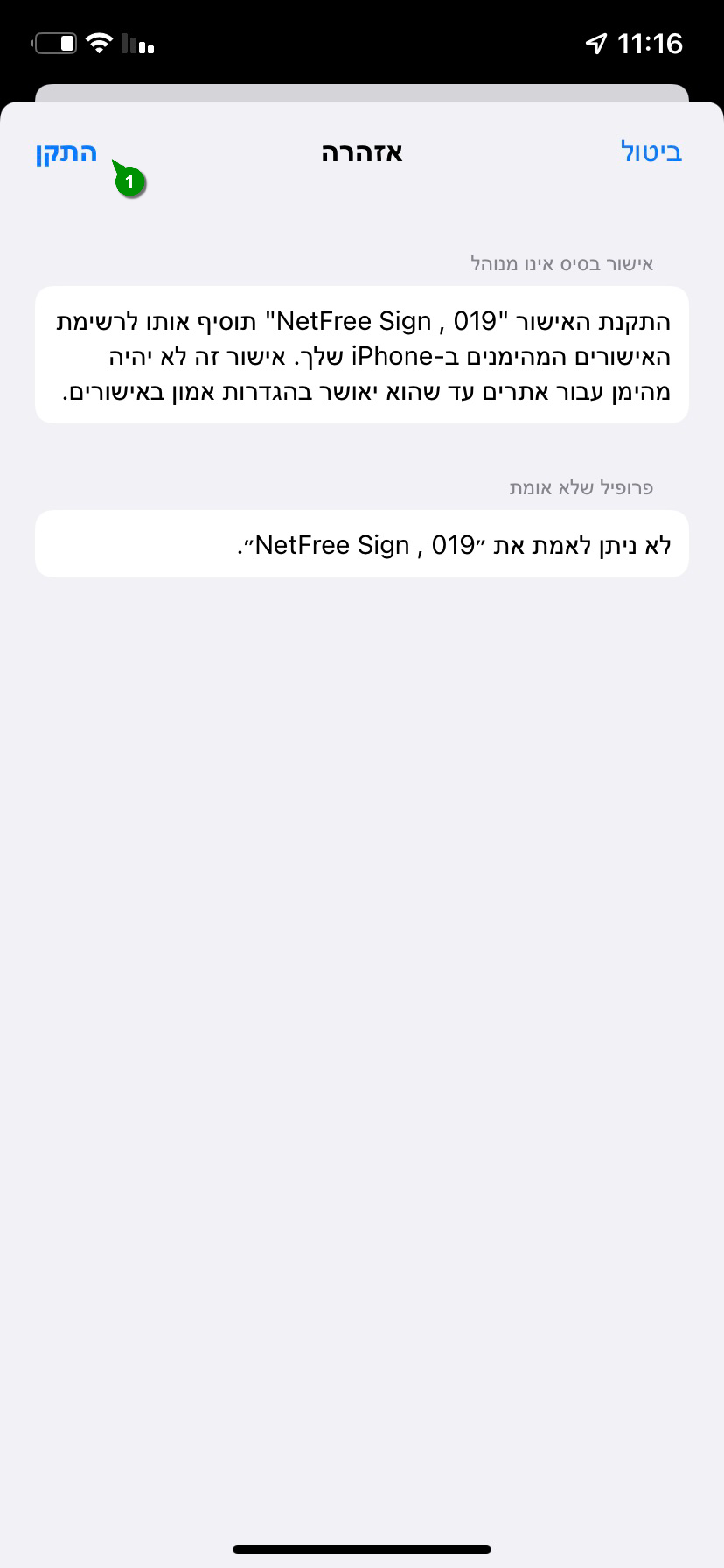 מסך התקנה פרופיל נטפרי iOS - התקן ראשון