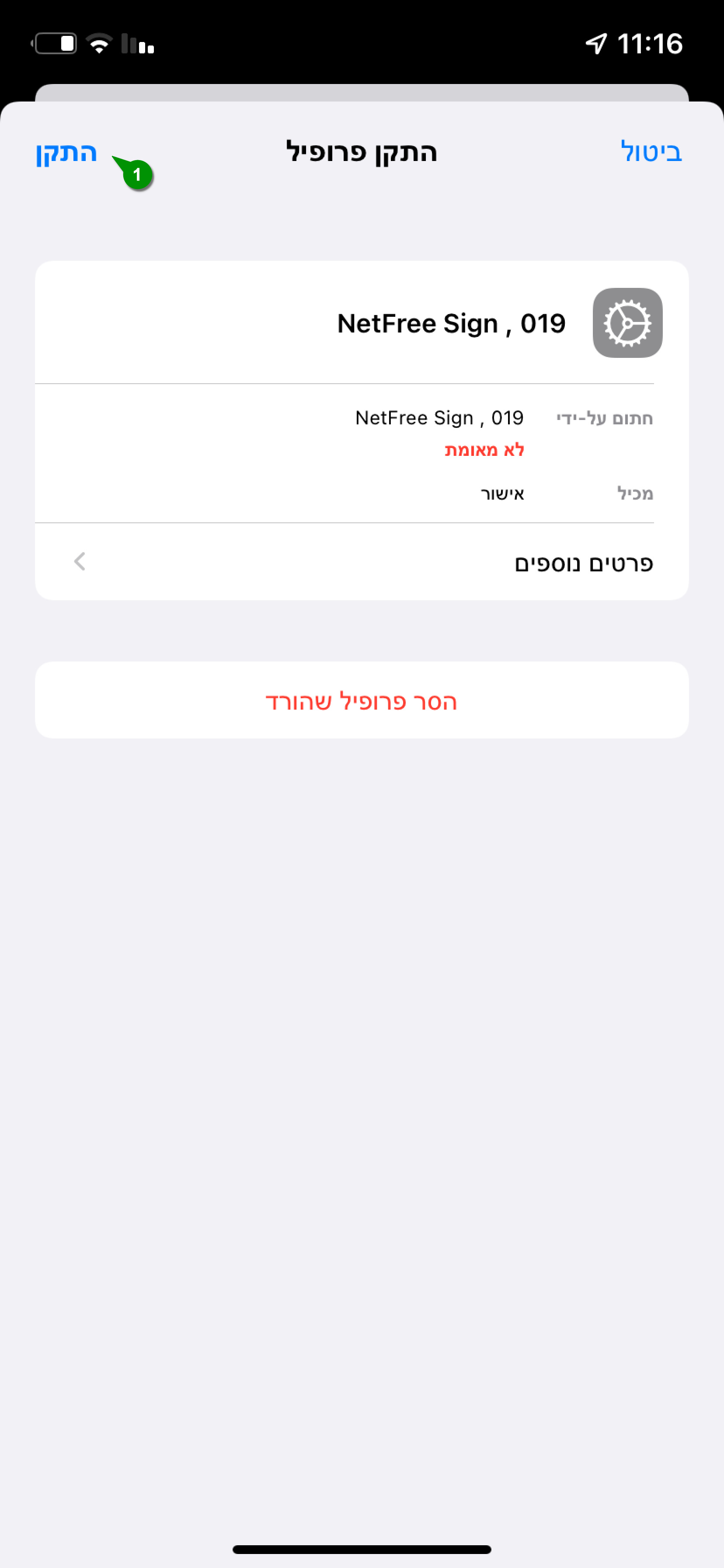 מסך התקנת פרופיל iOS